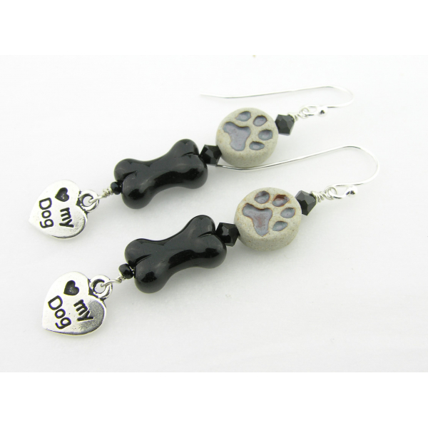 Handmade earrings with black glass bone, gray paw print, dog love charm sterling