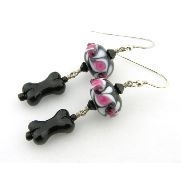 Handmade pink, black, white earrings with lampwork, glass bone, sterling