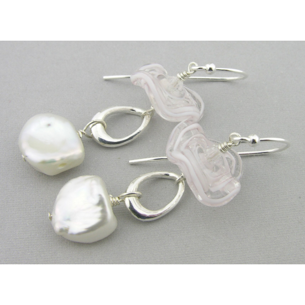 Artisan made white sterling earrings with baroque pearls lampwork