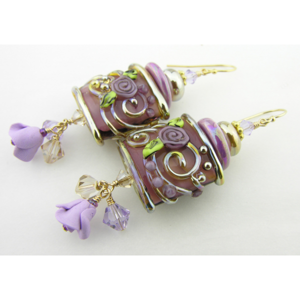 Handmade earrings with purple roses, gold lampwork, polymer rose and gold fill