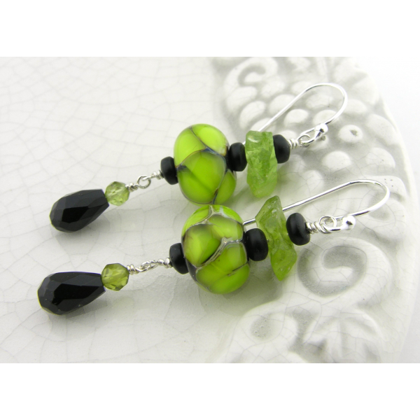 Artisan made lime green black earrings with handmade glass peridot onyx sterling