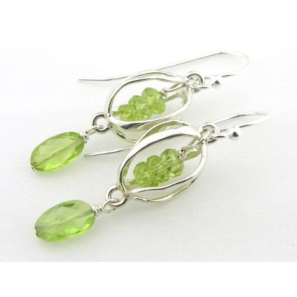 Artisan lime green earrings with caged peridot and sterling silver