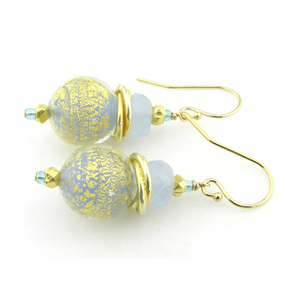 Handmade earrings with baby blue gold venetian bead chalcedony gold fill vermeil