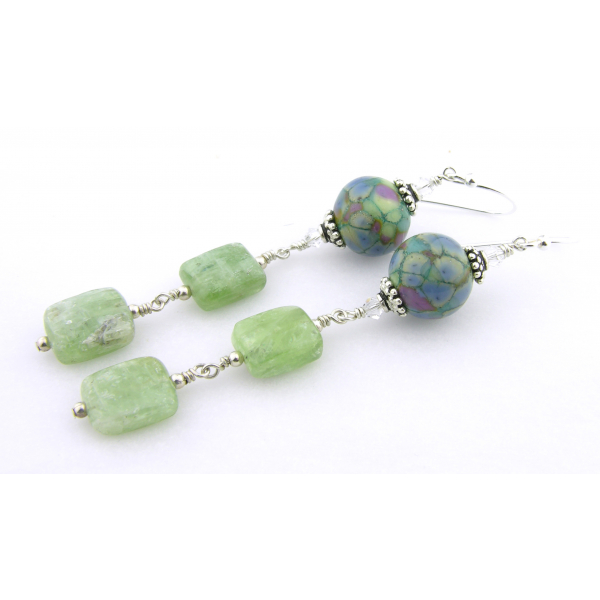 Handmade light green blue purple earrings with green kyanite, lampwork, sterling