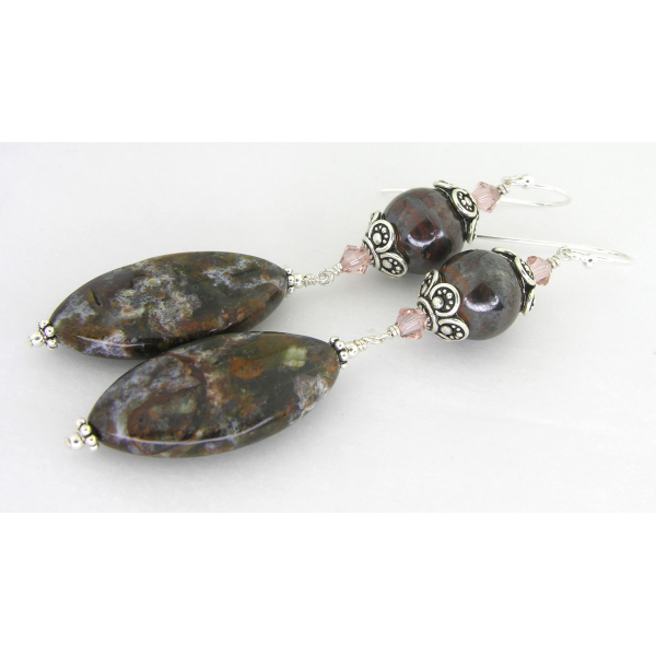 Artisan made brown jasper boulder opal earrings Swarovski crystals sterling