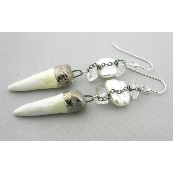 Artisan made white and black sterling earrings with biwa pearls porcelain spike