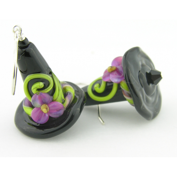 Handmade artisan halloween earrings with black purple witch hats sterling silver