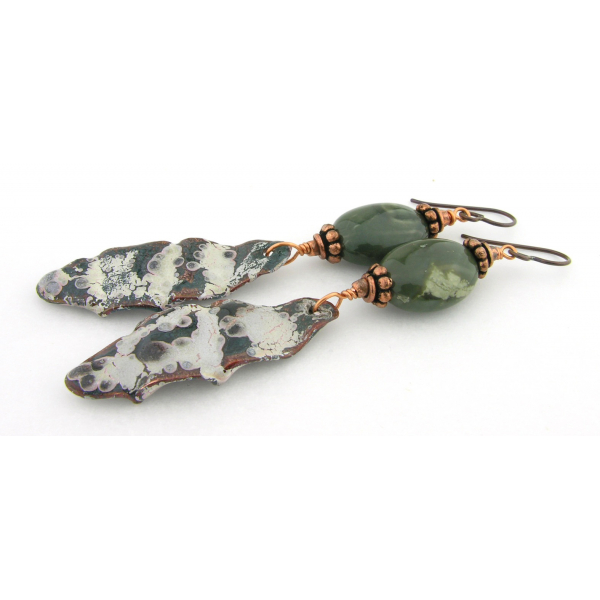 Artisan made green fold formed enamel on copper earrings jasper