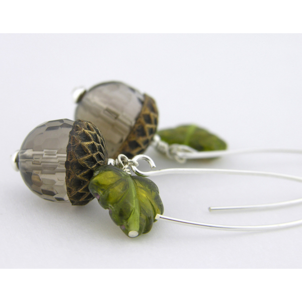 Handmade earrings with faceted smoky quartz acorn sterling silver fall autumn