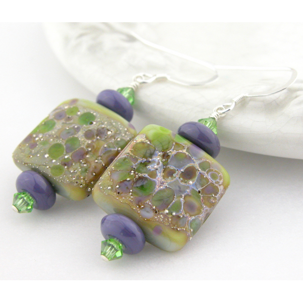 Artisan green purple earrings with square lampwork glass, Swarovski, sterling