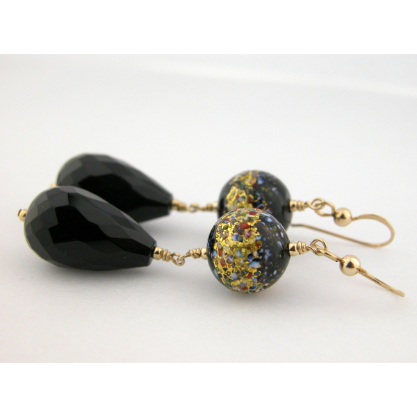 Artisan earrings with black onyx and venetian beads gold fill vermeil