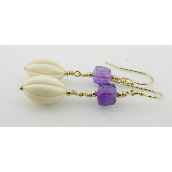 Handmade earrings with wooly mammoth ivory, purple amethyst gold fill ear wires