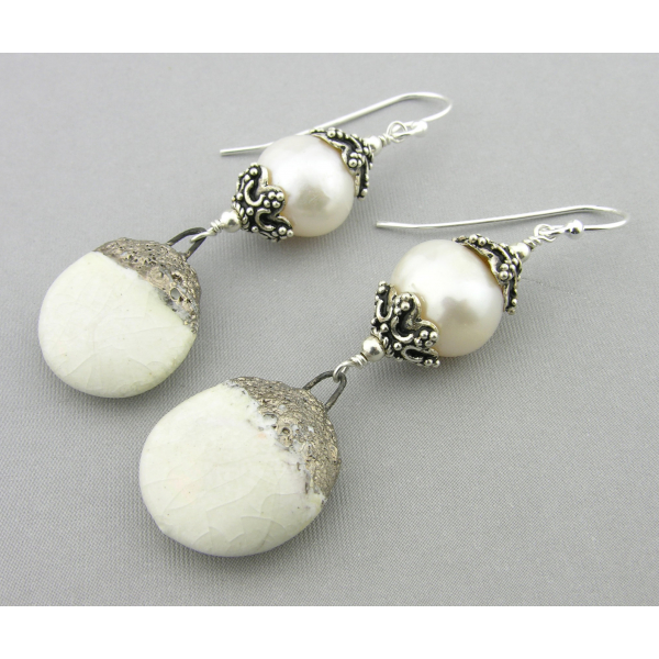 Artisan made white sterling earrings with pearls porcelain disks