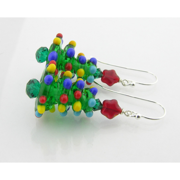 Handmade Christmas tree earrings with lampwork Swarovski crystals star sterling