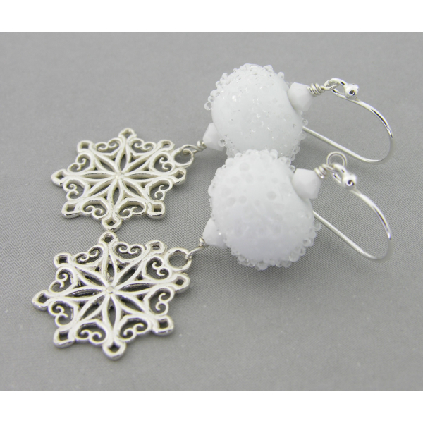 Artisan made white sterling earrings with snowball lampwork snowflake