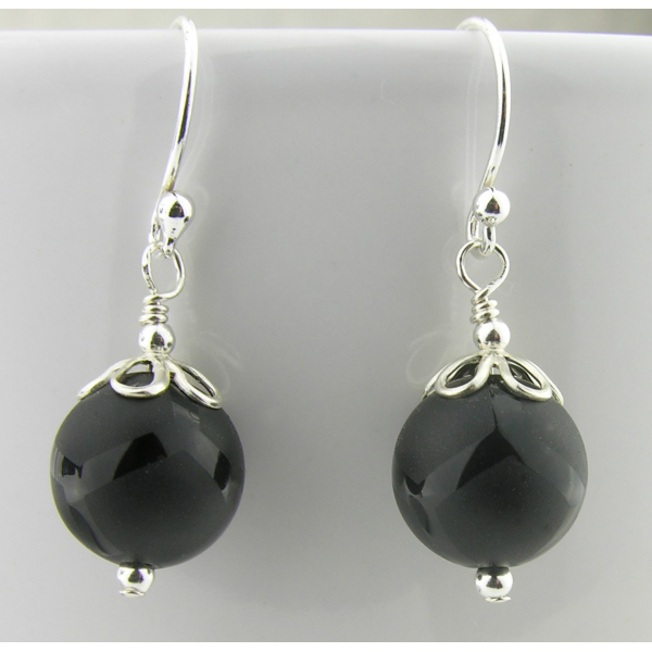 Artisan etched black onyx earrings sterling silver random lines petals