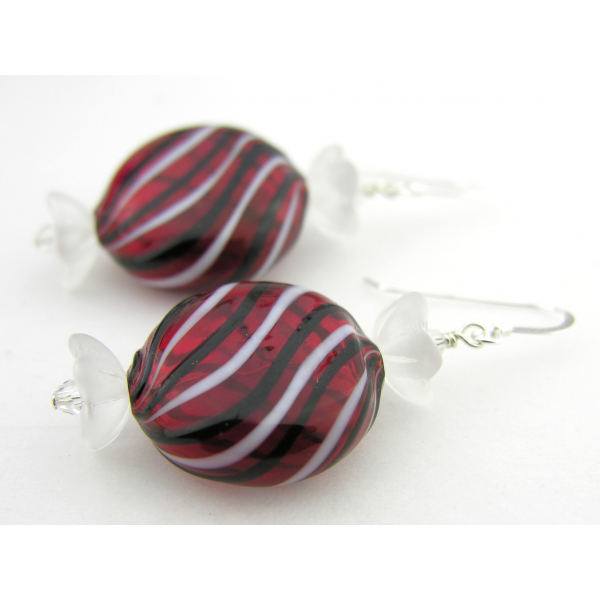 Artisan made red white black blown glass Czech glass sterling silver earrings