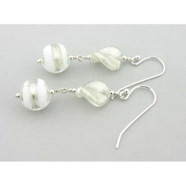 Snowy Sparkle Earrings - gold leaf white venetian glass sterling silver artisan