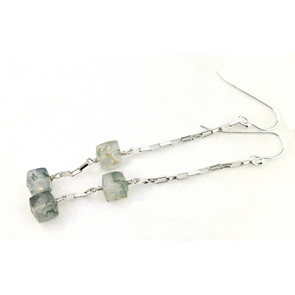 Artisan made sterling silver lariat necklace and earrings green mossy agate