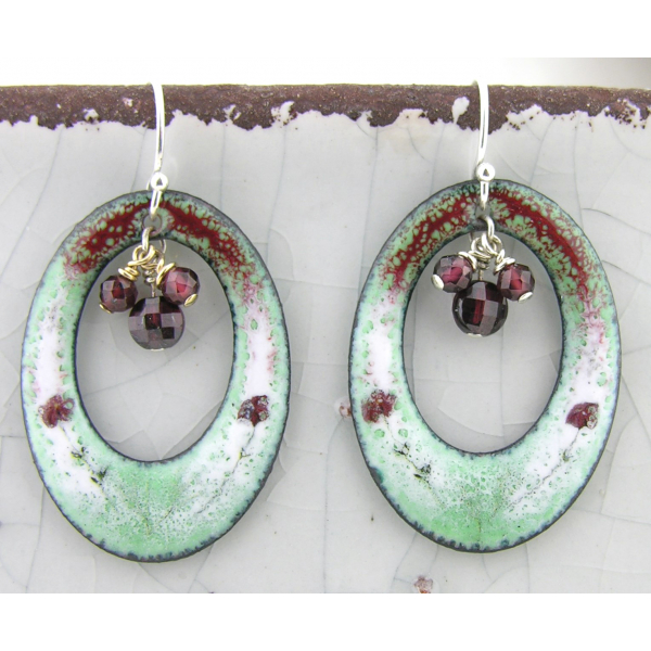 Artisan made red and light mint green enamel on copper earrings garnet sterling