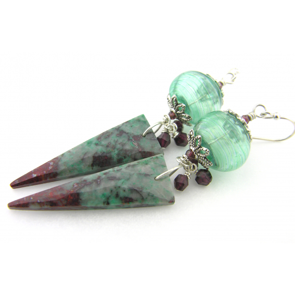 Handmade red, teal, black earrings with sonoran jasper spikes, garnet, lampwork