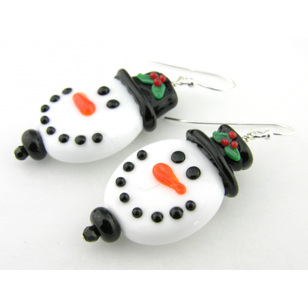 Artisan made white glass snowman face earrings in sterling Christmas winter hat