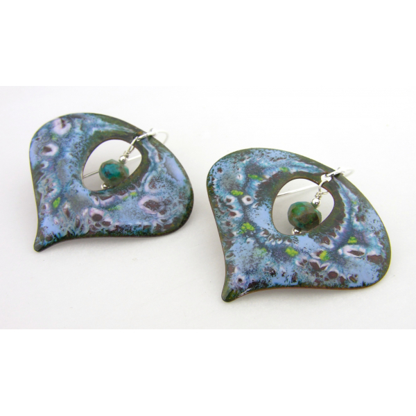 Artisan made blue, green, white enamel on copper earrings chrysocolla sterling