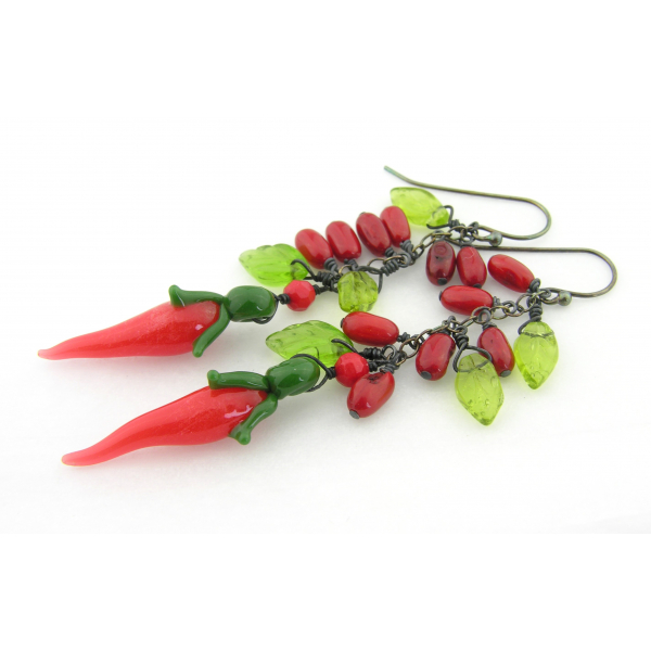 Handmade red black green red pepper ristra earrings, coral and sterling