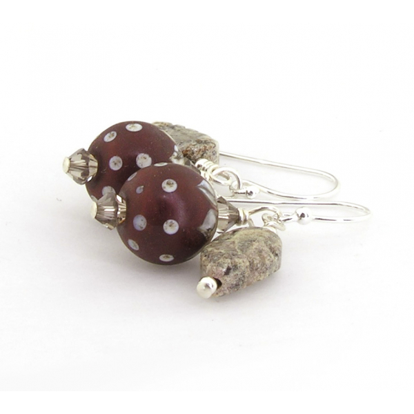 Handmade maroon brown earrings, lampwork, jasper and sterling