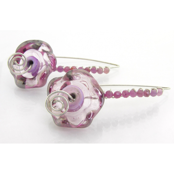 Artisan made hand forged earrings with pink ruffle lampwork ruby gemstones