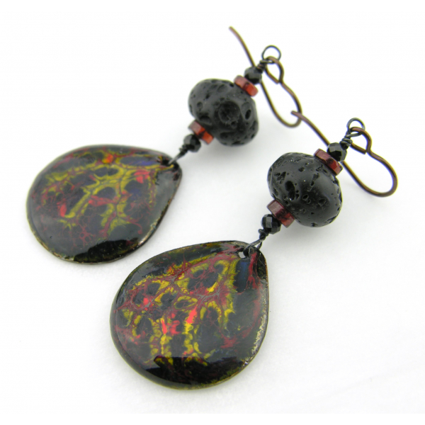 Artisan made organic crackle enamel on copper lava black spinel garnet earrings