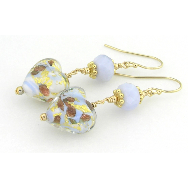 Handmade earrings with light blue white gold venetian hearts agate gold fill