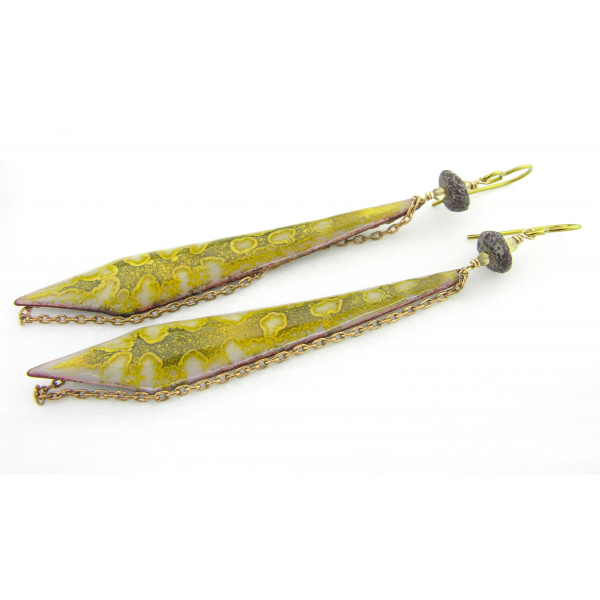 Handmade yellow gray earrings enamel brass citrine dinosaur bone niobium