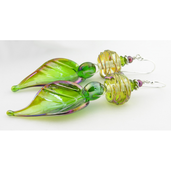 Artisan spring green earrings with lampwork glass leaf, maroon pearl, sterling