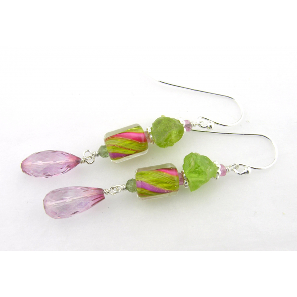 Handmade pink, peridot earrings with furnace glass, topaz sapphire, sterling