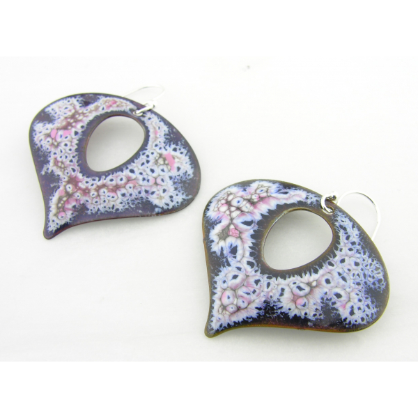 Artisan made blue, white, pink crackle enamel on copper earrings sterling