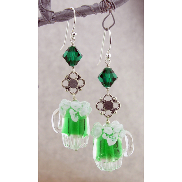 Artisan made green sterling earrings with frothy green beer mug Swarovski cryst