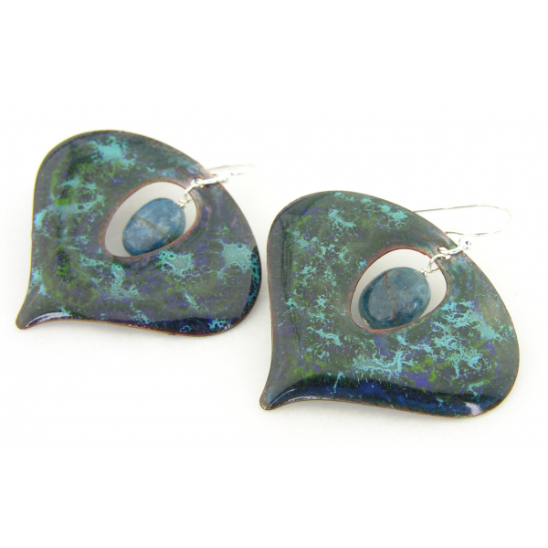 Artisan made blue, green, aqua enamel on copper earrings apatite sterling