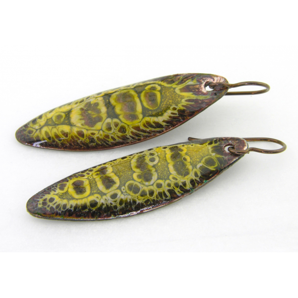 Artisan made organic crackle enamel on copper yellow brown earrings