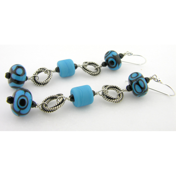 Handmade turquoise black lampwork earrings with Swarovski sterling