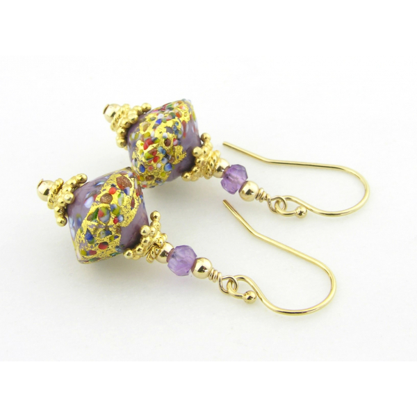 Handmade earrings with purple klimt style venetian beads amethyst gold fill