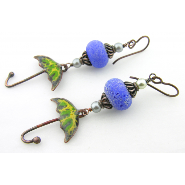 Handmade yellow, green enamel umbrella earrings with blue lampwork glass, copper