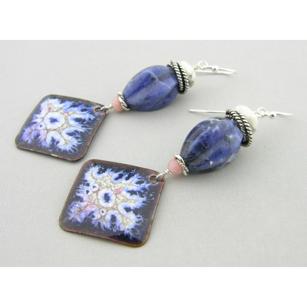 Artisan made blue white pink crackle enamel on copper sodalitearrings sterling