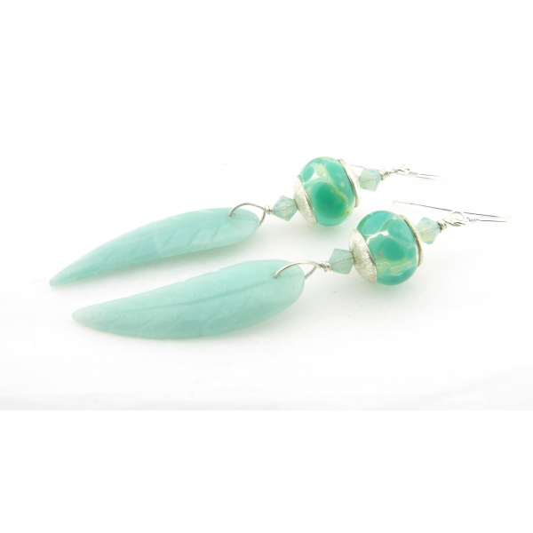 Handmade aqua earrings lampwork amazonite leaves sterling