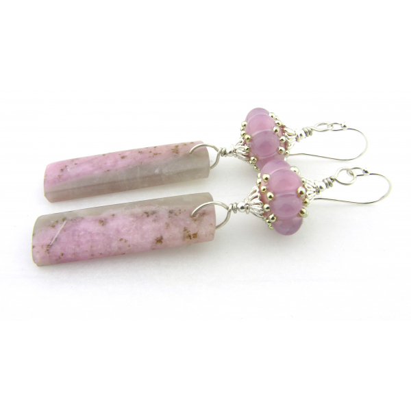 Handmade pink, gray earrings with lampwork, tourmaline in quartz, sterling