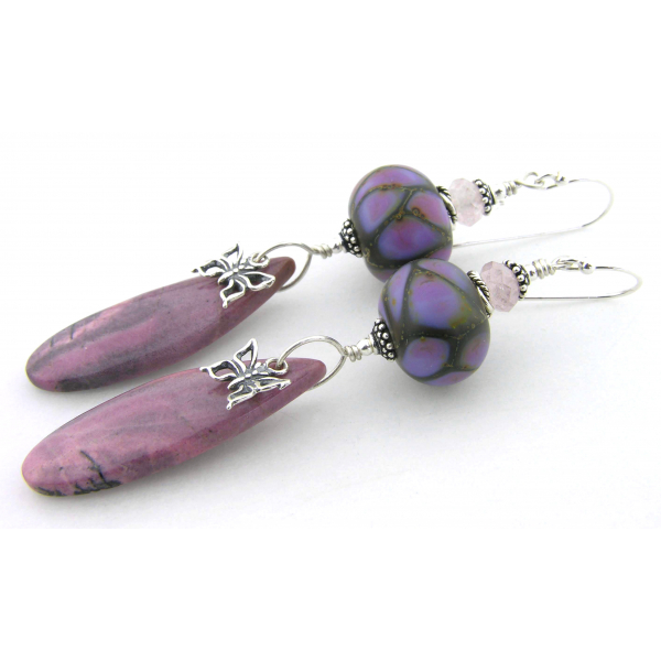 Handmade pink, purple earrings with lampwork, rhodonite, morganite, sterling