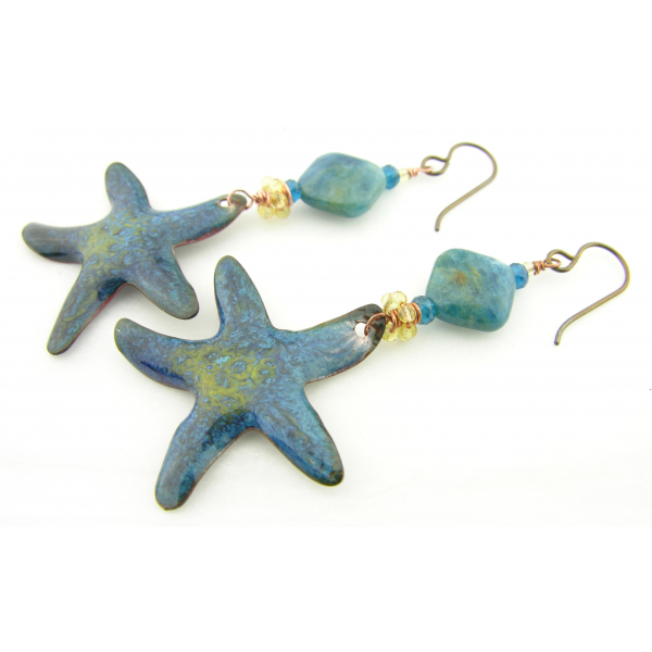Artisan made teal blue, yellow enamel on copper starfish earrings apatite