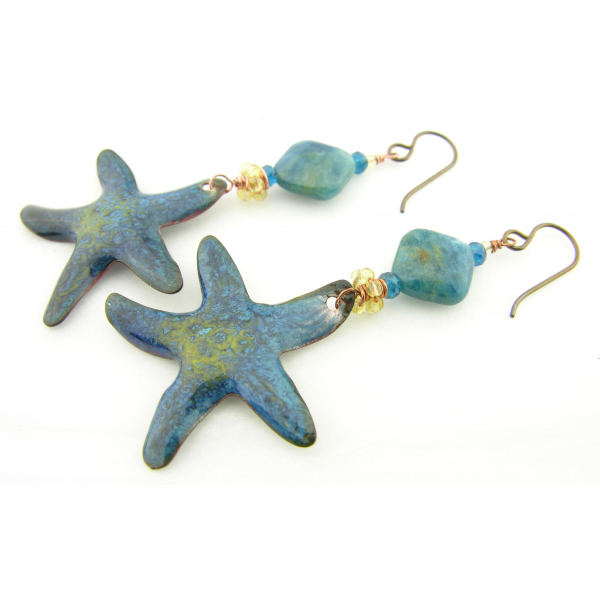 Artisan made teal blue, yellow enamel on copper starfish earrings apatite