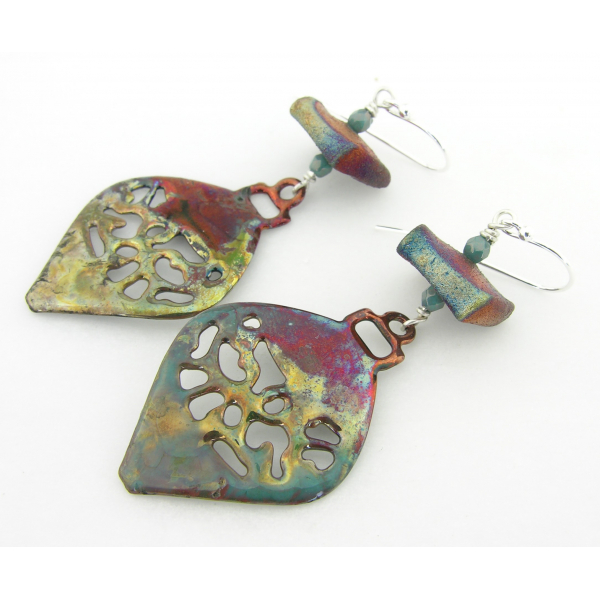 Artisan made raku copper ornament and pottery dangle earrings