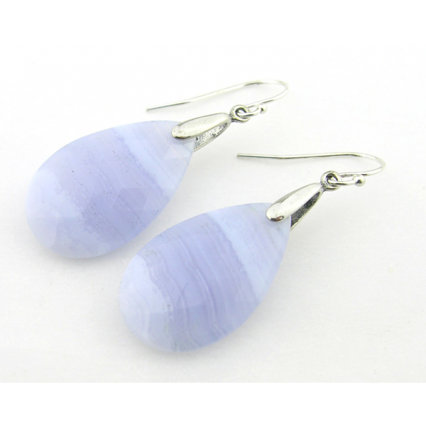 Faceted, AAA blue lace agate drops swinging on sterling silver settings